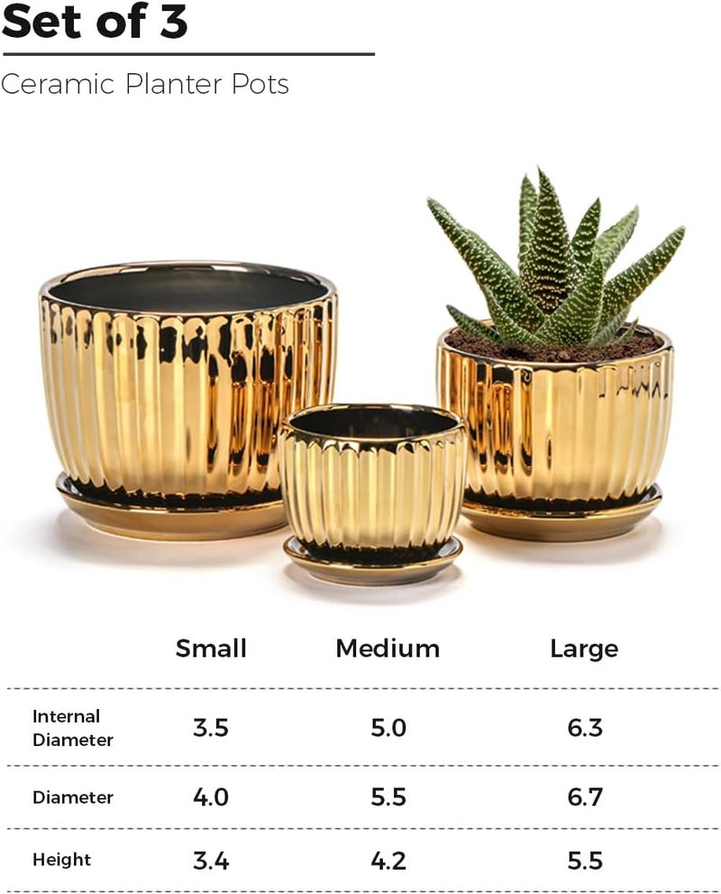 Ton Sin Gold Plant Pots,4.1+5.1+6.5 Inch Ceramic Succulent Planters Set of 3 Mini Indoor Flower Pot with Drainage,Handmade Decorative Ceramic Orchid and Herb Pots(Gold) - Image 2